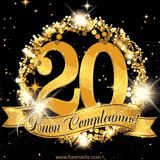 Il numero 20 è circondato da un anello dorato brillante, accompagnato da un nastro elegante con la scritta 'Buon Compleanno!' su uno sfondo scuro.