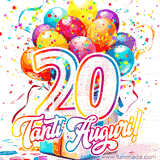 Animazione con palloncini colorati e scintillanti, accompagnata dal numero 20 in caratteri grandi e luminosi, e la scritta 'Tanti Auguri!' in stile vivace.