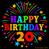 A birthday cake with lit candles is shown with colorful balloons and animated confetti.