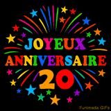 GIF animé 'Joyeux Anniversaire 20' avec des lettres colorées et des feux d'artifice éclatants