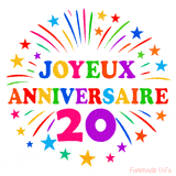 GIF animé joyeux anniversaire 20 ans avec étoiles multicolores et feu d’artifice