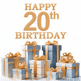 Festive animated eCard with elegant 'Happy 20th Birthday' text above a pile of luxurious blue, white, and gold gift boxes and presents.
