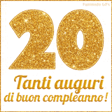 GIF animata per un 20° compleanno, Mostra il numero 20 in grandi caratteri dorati pieni di glitter scintillante, Sotto, la scritta 'Tanti auguri di buon compleanno!' in un elegante oro.