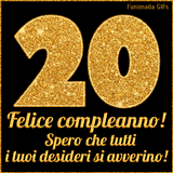 Un GIF animato per un 20° compleanno, Presenta il testo 'Buon Compleanno 20' su uno sfondo giallo vivo con palloncini colorati, festoni e una pioggia di coriandoli.