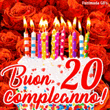 GIF animata per un 20° compleanno, Mostra una torta bianca con candeline colorate accese e coriandoli, di fronte a un muro di rose rosse, Il testo dice 'Buon 20 compleanno!'.
