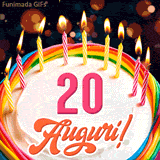 Un'animazione celebrativa di una torta di compleanno per i 20 anni, Le fiamme delle candeline tremolano e delle scintille brillano intorno, creando un'atmosfera festosa e magica.