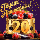 Une animation de célébration d'un gâteau de 20ème anniversaire, Des étoiles dorées tombent du ciel, mettant en valeur le texte 'Joyeux Anniversaire !' et le nombre doré 20 à l'avant du gâteau.