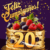 Una animación de celebración de una tarta para el 20º cumpleaños, Estrellas doradas caen del cielo, destacando el texto '¡Feliz Cumpleaños!' y el número dorado 20 en la tarta.