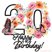 A floral 20th birthday animated greeting card. The number '20' is surrounded by animated flowers and butterflies, creating a beautiful and cheerful way to celebrate the milestone.