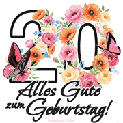 Ein florales GIF zum 20. Geburtstag. Die Zahl '20' ist von animierten Blumen und Schmetterlingen umgeben und bietet eine schöne und fröhliche Art, den Meilenstein zu feiern.