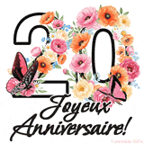 Ce GIF de Joyeux 20ème Anniversaire présente le nombre vingt rempli d'un bouquet vibrant de fleurs animées, avec des papillons qui bougent doucement sur un fond blanc.