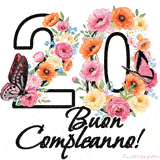 Questo GIF di Buon 20° Compleanno mostra il numero venti riempito con un vibrante bouquet di fiori animati, con farfalle che si muovono dolcemente su uno sfondo bianco.