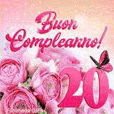GIF di buon compleanno 20 anni che mostra rose eleganti, una farfalla colorata e un'animazione di stelle luminose su fondo sfumato.