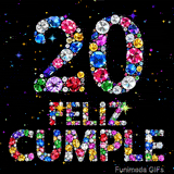 La frase FELIZ CUMPLE y el gran número 20 resaltan por sus texturas de joyas multicolores frente a un fondo negro con estrellas brillantes.