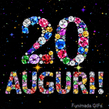 Immagine che mostra il numero 20 e il testo Auguri composti da cristalli luminosi di vari colori su una tela nera piena di stelle animate.