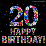 Brightly colored shiny crystals form the digit 20 and Happy Birthday lettering, positioned on a dark space featuring small animated twinkling colored stars.