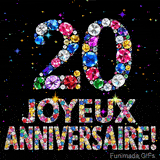 Le chiffre 20 et les mots Joyeux Anniversaire en cristaux colorés brillants, se détachant sur un fond noir rempli de petites étoiles animées.