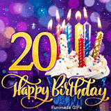 Gold number 20 and Happy Birthday lettering near a blue-wrapped cupcake topped with burning candles, set against a glowing purple bokeh backdrop.