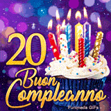 GIF di Buon Compleanno 20 anni mostrante il numero 20 d'oro, un tortino con candele e un festoso sfondo lila.