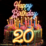 20th birthday GIF featuring a spinning rainbow drip cake, lit candles, neon Happy Birthday sign, and glowing gold number 20.