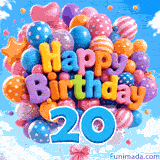 Swaying gently, a vibrant balloon bouquet displays the words Happy Birthday and a big blue digit 20 attached to the ribbons below.