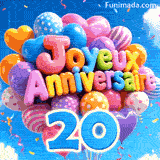 Se balançant doucement, une grappe de ballons colorés affiche les mots Joyeux Anniversaire et un grand chiffre bleu 20 attaché aux rubans.