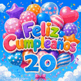 GIF de Feliz Cumpleaños 20 años mostrando el número 20 azul, un ramo de globos de fiesta y un cielo brillante.