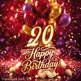 Festive balloons presents and roses highlight the large golden 20 as Happy Birthday text and shimmering confetti fill the cheerful animated scene