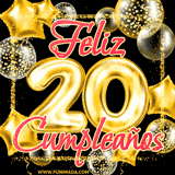 Animación de un GIF con el número 20 en dorado, rodeado de estrellas, burbujas brillantes y la frase 'Feliz cumpleaños' en letras modernas y festivas.