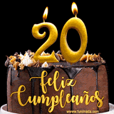 GIF de un pastel de chocolate con decoración de crema, velas doradas con el número 20 encendido, y un fondo negro elegante y cálido.