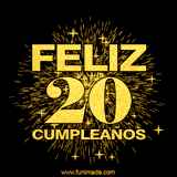 GIF animado con un diseño dorado, mostrando el número 20 rodeado de fuegos artificiales y luces que resaltan una atmósfera festiva y vibrante.