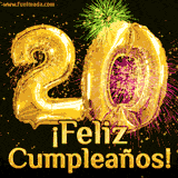 GIF animado con globos dorados en forma del número 20, acompañado de fuegos artificiales de colores y la frase '¡Feliz cumpleaños!' en letras vibrantes.