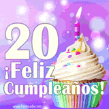 Animación de un cupcake con cobertura blanca, confites de colores, una vela encendida y el número 20 en grande sobre un fondo púrpura con luces brillantes.