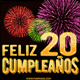 GIF animado con el número 20 en dorado, rodeado de fuegos artificiales rojos, verdes y morados, con el mensaje 'Feliz cumpleaños' en letras doradas.