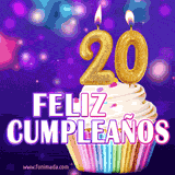 GIF animado de un cupcake decorado con confites, dos velas doradas encendidas formando el número 20, sobre un fondo púrpura brillante con destellos.