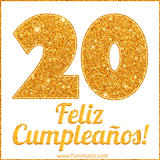 Imagen animada con el número 20 en diseño dorado brillante acompañado de la frase 'Feliz cumpleaños' sobre un fondo blanco simple y elegante.