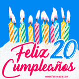 Animación de un pastel decorado con velas coloridas y encendidas, el número 20 destacado en azul y la frase 'Feliz cumpleaños' en letras estilizadas.