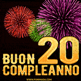 Animazione di fuochi d'artificio colorati con il numero 20 in oro brillante e la scritta 'Buon Compleanno' su uno sfondo nero festivo ed elegante.