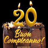 GIF animato con una torta al cioccolato decorata con crema, dettagli dorati e due candele accese che formano il numero 20. Messaggio 'Buon Compleanno' in scritta elegante.