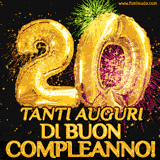 Palloncini dorati a forma del numero 20, accompagnati da scintille e fuochi d'artificio su sfondo nero, con il messaggio 'Tanti auguri di Buon Compleanno!'.