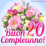 Bouquet animato con rose rosa, margherite e altri fiori colorati, con il numero 20 e la scritta 'Buon Compleanno!' in stile elegante e luminoso.