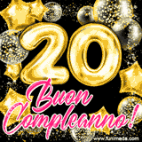 Animazione con palloncini dorati a forma del numero 20, circondati da decorazioni scintillanti e la scritta 'Buon Compleanno!' in caratteri rosa accattivanti.