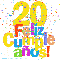Imagen GIF festiva y colorida de feliz cumpleaños número 20