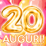 Bouquet animato di palloncini multicolori che emergono da una scatola regalo, con il numero 20 e la scritta 'Tanti Auguri!' su uno sfondo pieno di coriandoli.