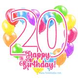 An animated birthday greeting card with a large '20' in pink outline surrounded by colorful balloons heart-shaped frame, and 'Happy Birthday!' written below in hand-written font.