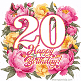 A celebratory GIF image features the animated number '20' and the words 'Happy Birthday!' surrounded by pink and yellow flowers. Two moving butterflies are included in this festive design.