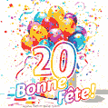 Des confettis animés, des ballons multicolores et un coffret cadeau dans un joyeux GIF de 20e anniversaire