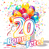 GIF pour un 20e anniversaire avec un grand chiffre 20, des ballons multicolores, des confettis et des rubans, accompagné du texte 'Bonne Fête!' sur un fond festif.