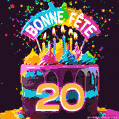 Gâteau au chocolat avec le numéro 20 orné d'un glaçage vibrant, de bougies et d'une décoration arc-en-ciel