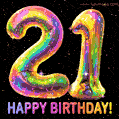 Shiny number 21 birthday celebration balloons with an iridescent glow, animated GIF